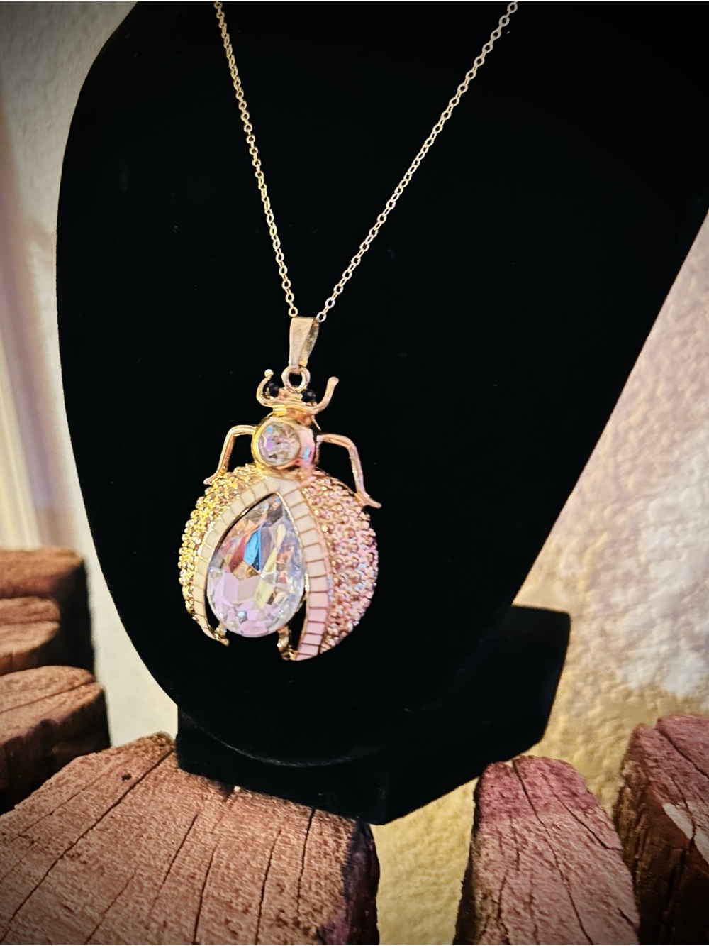 Gold-Tone Beetle Pendant Necklace with Iridescent Crystal